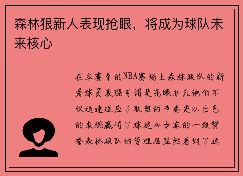 森林狼新人表现抢眼，将成为球队未来核心