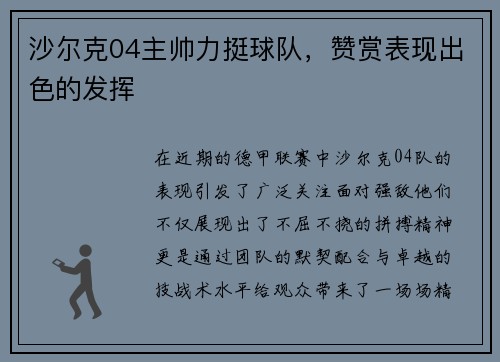 沙尔克04主帅力挺球队，赞赏表现出色的发挥